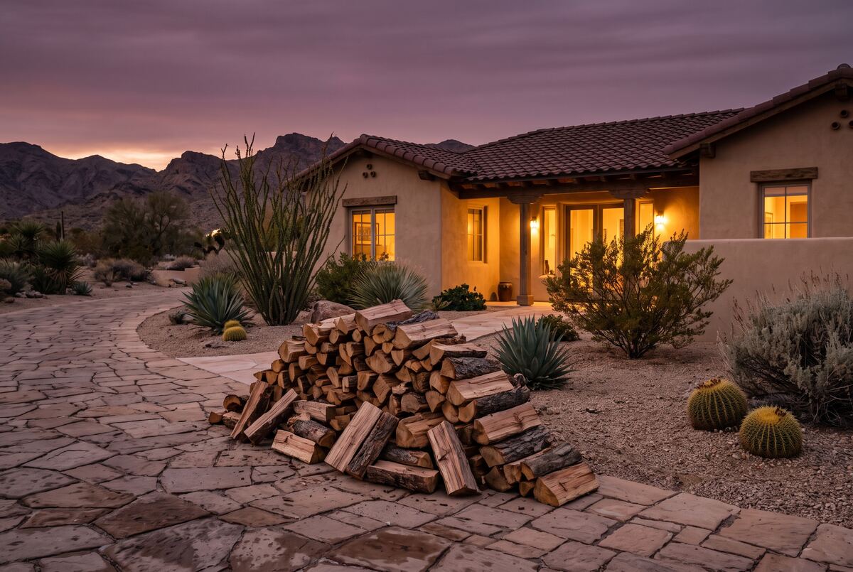 A delivered load of split firewood stacked on the paver driveway of a stucco Las Vegas home at dusk