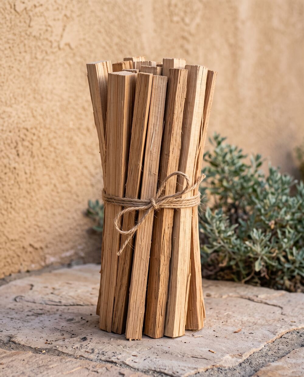 A bundle of dry split kindling tied with twine standing on flagstone beside a stucco wall