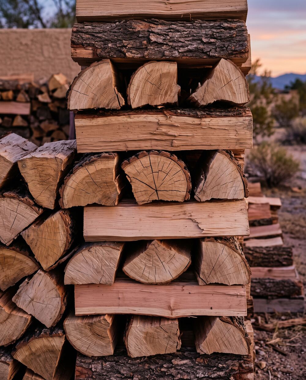A stacked rick of mixed hardwood firewood splits with pale checked end grain under a desert dusk sky