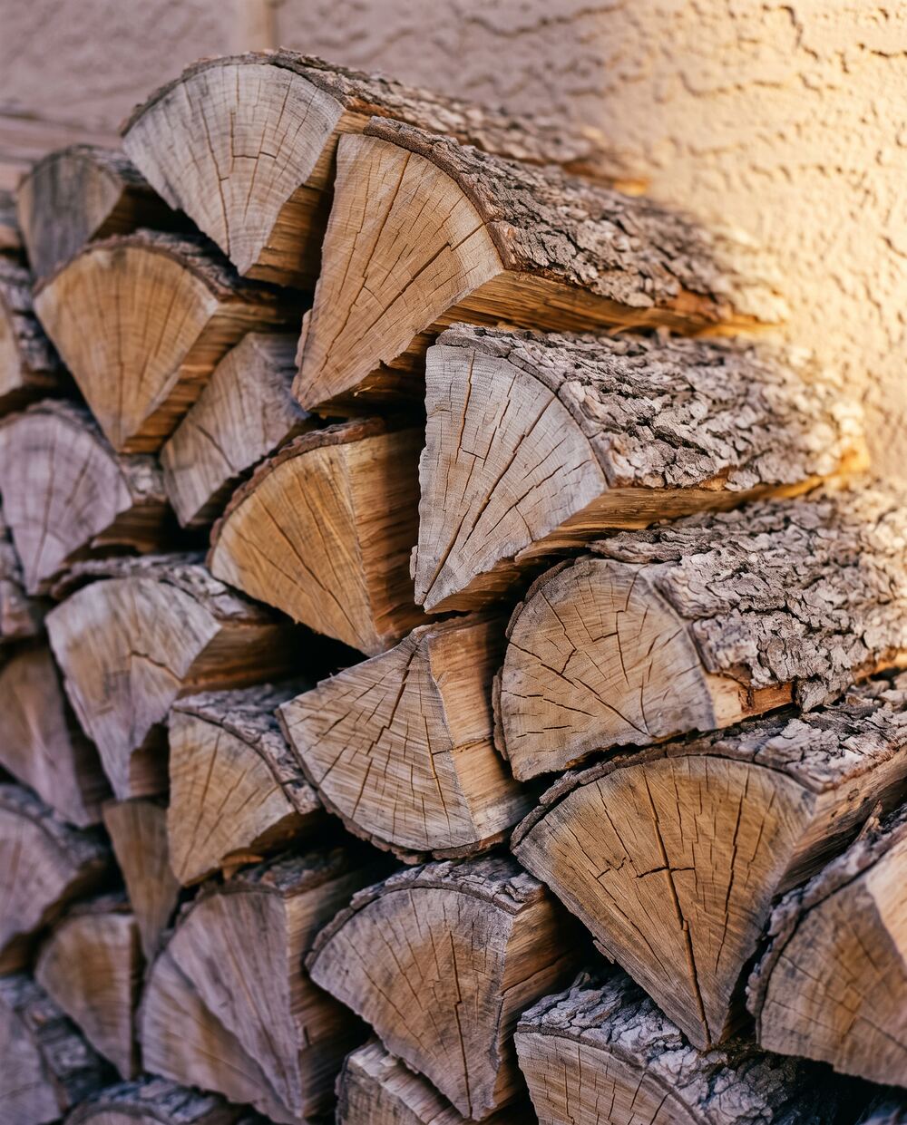 Close-up of stacked split oak firewood showing deep radial drying checks in the end grain